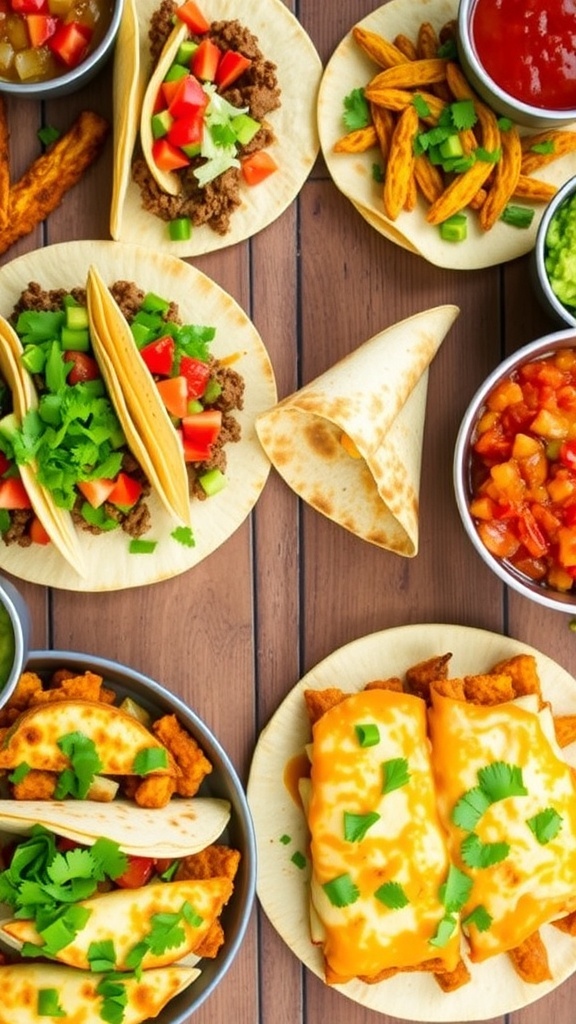 A variety of tortilla dinner ideas including tacos, quesadillas, and enchiladas on a wooden table.